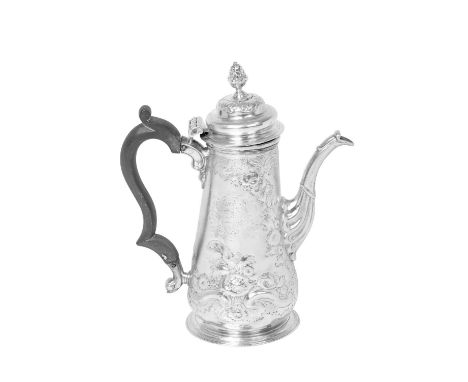 A George II Silver Coffee-Pot,  Maker's Mark Rubbed, London, Perhaps 1738 tapering cylindrical and on spreading base, the sid