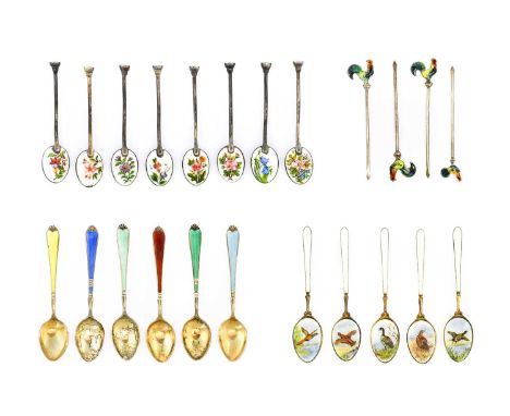 A Collection of Assorted Silver and Enamel Flatware,  comprising a cased set of six teaspoons, the bowls enamelled with game 