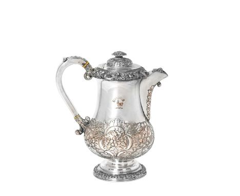 An Old Sheffield Plate Hot-Water Jug,  Apparently Unmarked, Circa 1820 tapering and on spreading foot, the lower body chased 