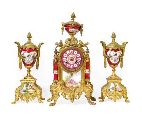 A Gilt Metal Porcelain Mounted Striking Mantel Clock Garniture, circa 1890, pink porcelain dial with Roman numerals, twin bar