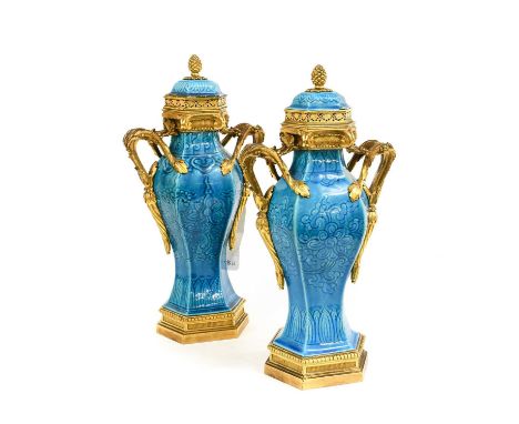 A Pair of French Gilt-Metal-Mounted Chinese Turquoise-Glazed Vases and Covers, the porcelain Kangxi, the mounts later, of hex