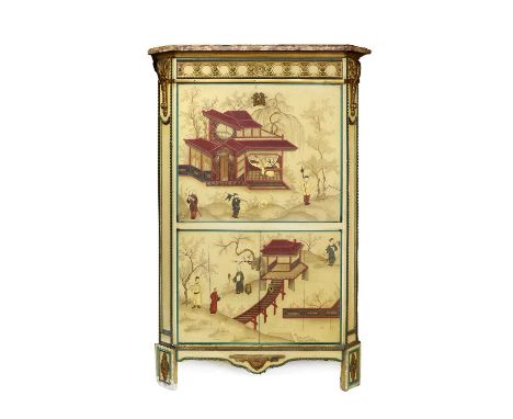 A Late 19th Century French Cream-Painted and Japanned Secretaire Cabinet, in Louis XVI style, the original Brocatello marble 