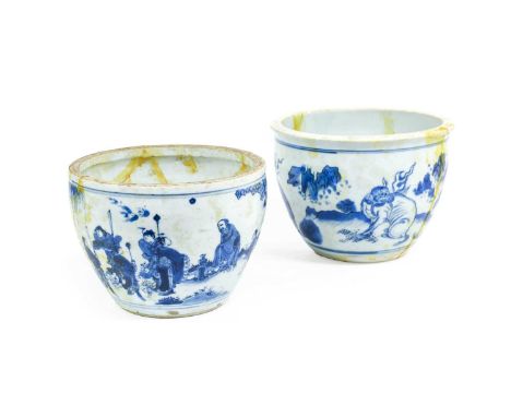 A Chinese Porcelain Planter, 17th century, of ovoid form, painted in underglaze blue with travellers in a mountainous landsca