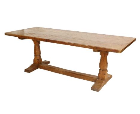 Robert Mouseman Thompson (1876-1955): An English Oak 7ft Refectory Dining Table, circa 1936, dowelled adzed three plank top, 