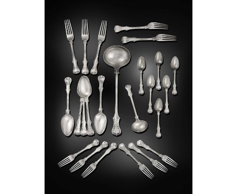 A Victorian Silver Table-Service,  Mostly by George Adams, London, 1844, 1848, 1854 and 1879 Victoria pattern, engraved with 