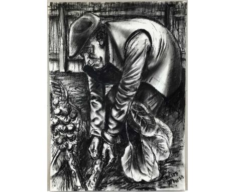 Colin Moss (1914-2005) charcoal, Gardener, signed, 70 x 50cm, sketch verso