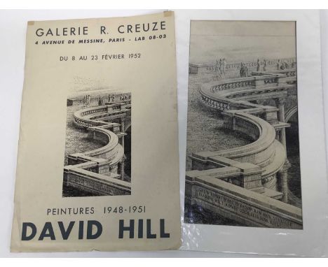 David Hill (1914-1977), pen and ink, surrealist architectural study with figures, 42 x 22cm, accompanied by a Gallerie R. Cre