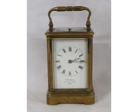 19th century striking and repeating brass corniche carriage clock, the dial signed J.W. Benson 25 Old Bond Street London (hei