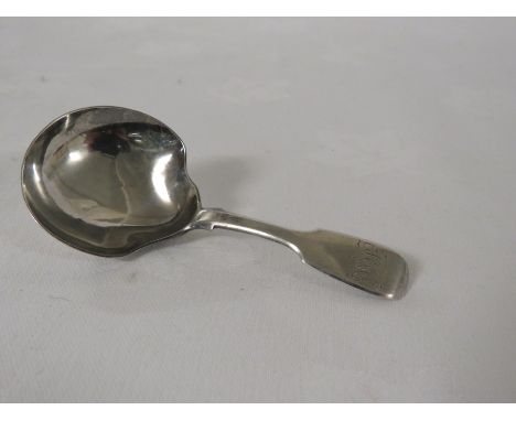 Victorian silver caddy spoon with a pear-shaped bowl and terminal monogrammed MAC, marks for Exeter, 1858, maker's stamp Josi