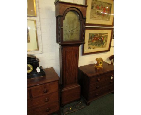 A late 18th century mahogany long case clock with an inlaid square hood, twisted side column supports and an arched glazed do
