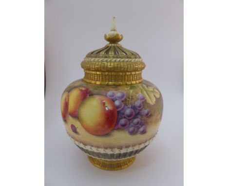 Royal Worcester crown top pot pourri vase hand painted with fruit and signed R Price, shape number 1286, height 26cm, black t