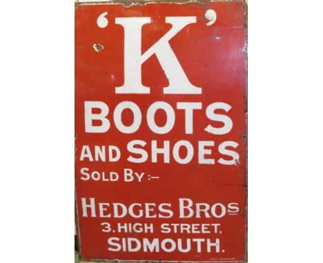 Sidmouth interest - an enamel advertising sign for 'K' boots and shoes, Hedges Bros, 3 High Street, Sidmouth, white lettering