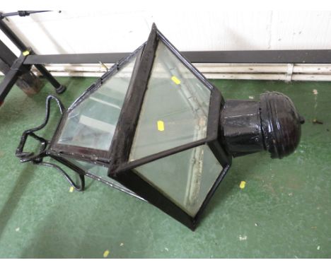 Black painted Victorian street lamp with four glazed sides (one opening), together with square section black painted lamppost