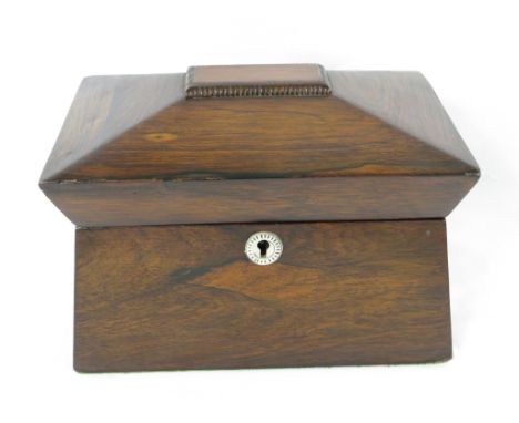 Rosewood casket shaped tea caddy with two compartments and mother of pearl escutcheon, height 14.5cm, width 21cm, depth 13cm