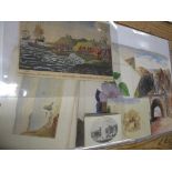 WATERCOLOURS, prints etc., portfolio of misc. watercolours, sketches, prints, together with two maps