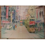HONG KONG, original watercolour of a Wan-chai street scene with trams, circa 1960's / 70's.