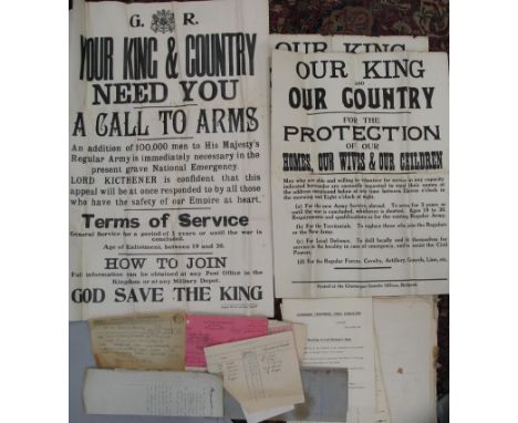 KITCHENER'S ARMY, 2 different posters (multiple copies), printed Cardiff / Bridgend, &amp; q. of associated letters, paperwor