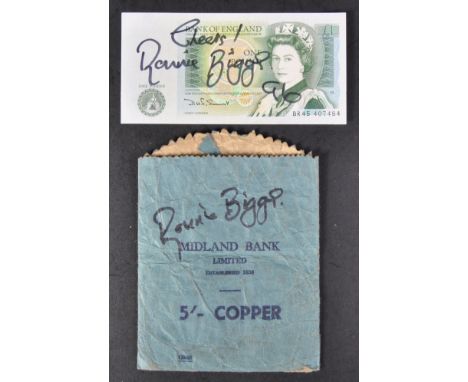 The Great Train Robbery - Ronnie Biggs (1929-2013) - an original Bank Of England £1 note and Midland Bank coin bag, both sign