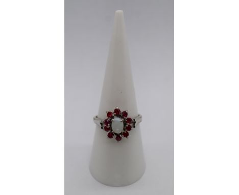 Silver opal & ruby set ring - Size: N½ 