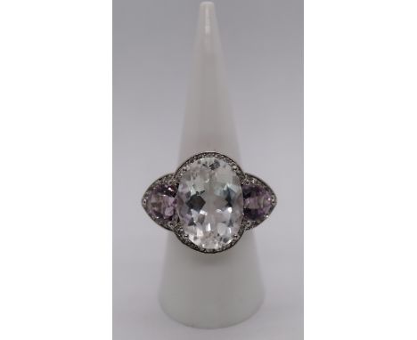 Large silver amethyst &amp; CZ set ring 