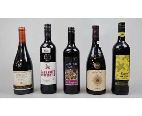 Collection of red wine together with a bottle of mulled wine 