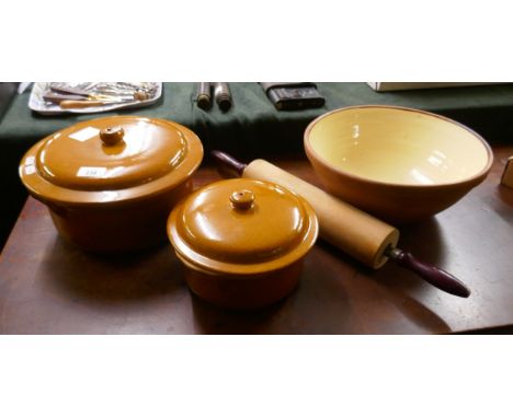 2 large casserole dishes together with an old large mixing bowl and rolling pin 