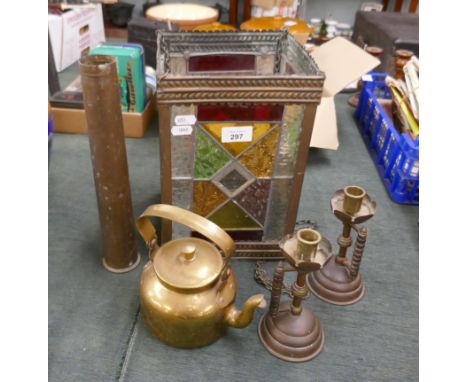 Stained glass light together with candlesticks etc 