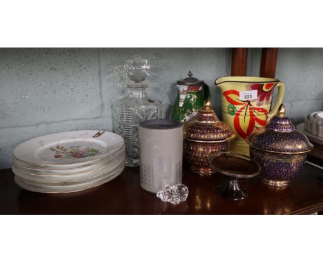 Collection of ceramics and other items to include 6 hand decorated cabinet plates, crystal decanter etc 