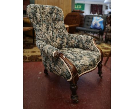 Victorian button back armchair with William Morris style fabric 