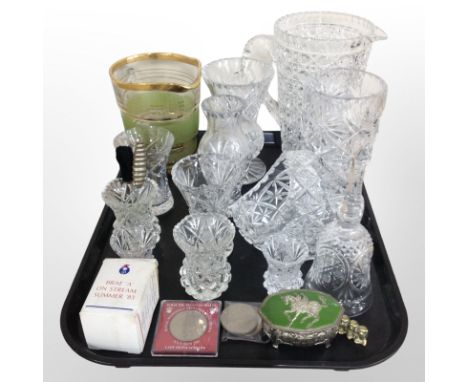 A group of crystal vases, basket, jug, together with a plated trinket box, crowns, two hat pins, etc.