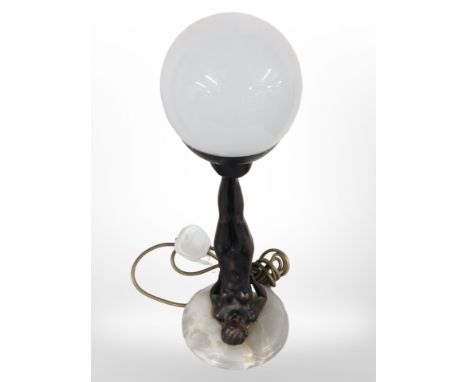 An Art Deco-style resin and onyx table lamp with opaque glass shade, height 44cm.