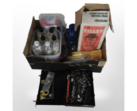 A Tilley lamp in box, together with a further lamp, group of tools, several bottles of candle and lamp oil. (1 box)