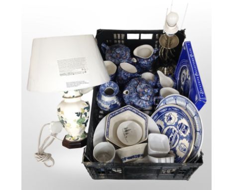 A group of Ringtons Chintz china, Mason's Chartreuse lamp base, blue and white collector's plates, etc. (1 box)