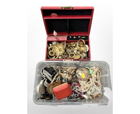 A jewellery box and further box of gold plated costume jewellery, dress rings, etc 
