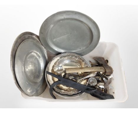 A group of silver plate and pewter dishes and serving trays, together with a vintage hand axe, cutlery, etc. (1 box)