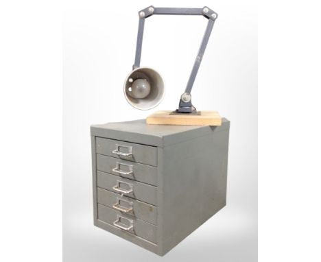 A vintage enamelled metal five-drawer index chest, together with an angle-poise lamp.