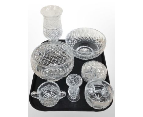 A Stuart crystal vase, together with two fruit bowls, a rose bowl, circular lidded trinket box, etc.