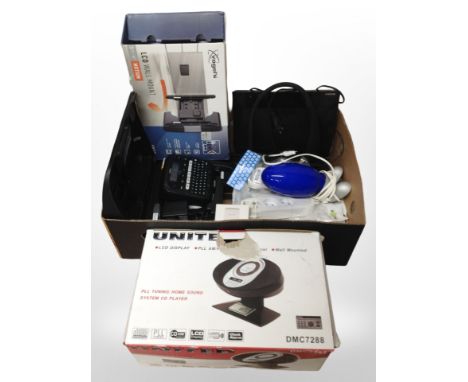 A home sound system, together with an LCD TV wall mount, table lamp, assorted continental socket extensions, etc. (1 box)