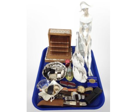 An Indian bone-inlaid musical cigarette box, together with a Lladró figure of a seated musician (restored), small knife with 