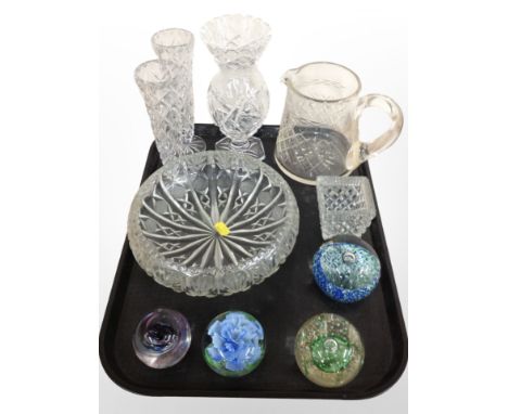 Four contemporary studio glass paperweights including Caithness and six further pieces of crystal.