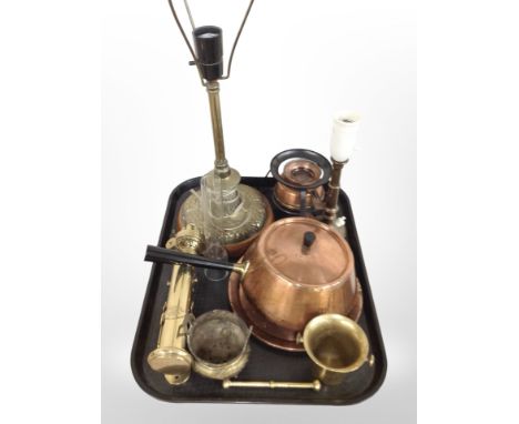 A group of continental brass lamp bases, mortar and pestle, spirit burner, reproduction oil wall lamp, etc.