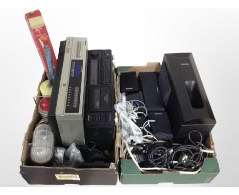 A group of Panasonic surround sound speakers with leads, a Sanyo Betamax video-cassette recorder, Aiwa stereo cassette deck, 