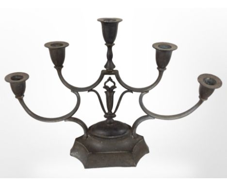 A five-sconce pewter candlestick, height 29cm.