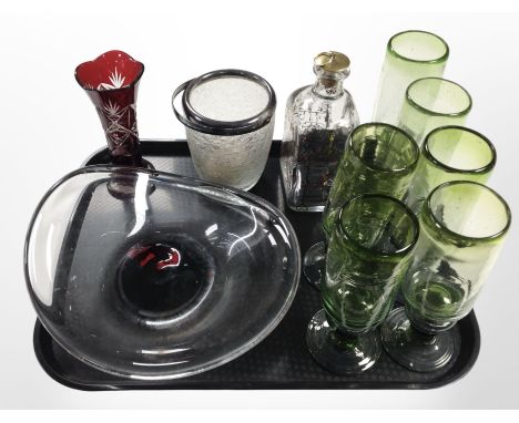A group of Scandinavian glass wares including Holmegaard decanter, etched ruby glass vase, set of six green-tinted glass drin