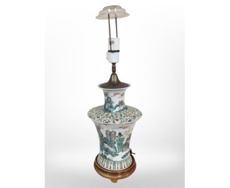 A 20th-century Chinese porcelain vase converted to a table lamp, height 60cm overall (continental plug).