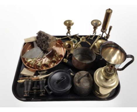 A group of metal wares including candlesticks, oil lamp, lighter, letter knife in the form of a sword, pair of opera glasses,
