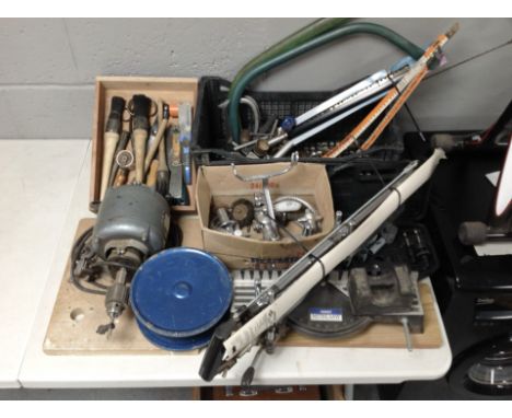 A group of joinery tools, Draper mitre saw, handsaws, brushes, bench-top motor, etc. 