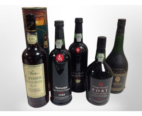 Five bottle of alcohol to including Taylor's special ruby port, vintage character port, St Michael cognac VSOP, Taylor's late