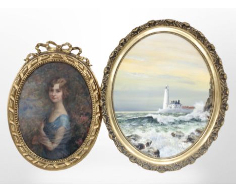 S White (contemporary) : St Mary's Island, oil on board, 49cm x 39cm (oval), together with a further oil on panel portrait of