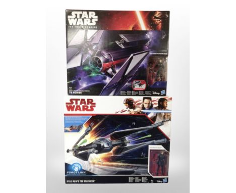 Two Hasbro Disney Star Wars figures, First Order Special Forces Tie FIghter and Kylo Ren's Tie Silencer, boxed.